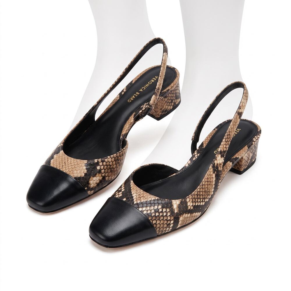 Veronica Beard Snakeskin Leather Slingback Pumps Heels Black Tan 6.5